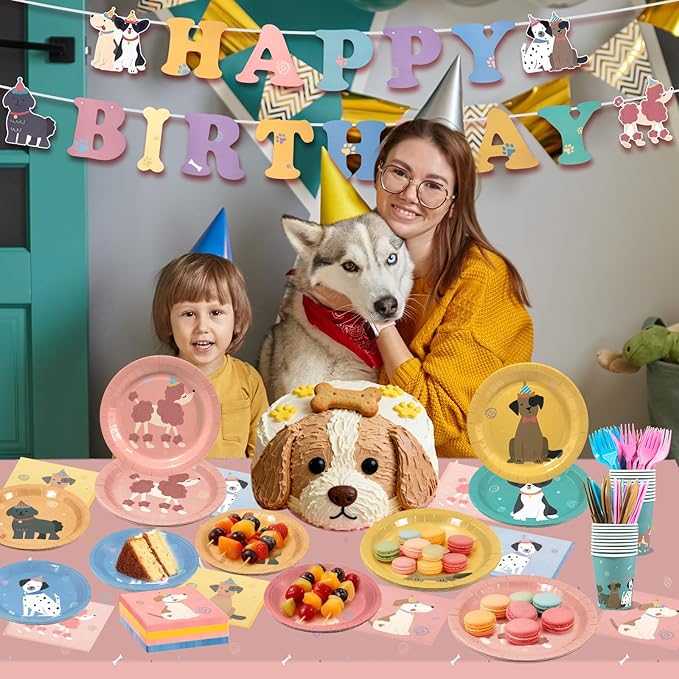 182Pcs Pet Dog Birthday Party Decorations,Retro Puppy Themed Paper Plates Napkins Disposable Pet Dog Tableware Supplies,for Baby Shower Kids Birthday Party Favor,Serve 30 Guests