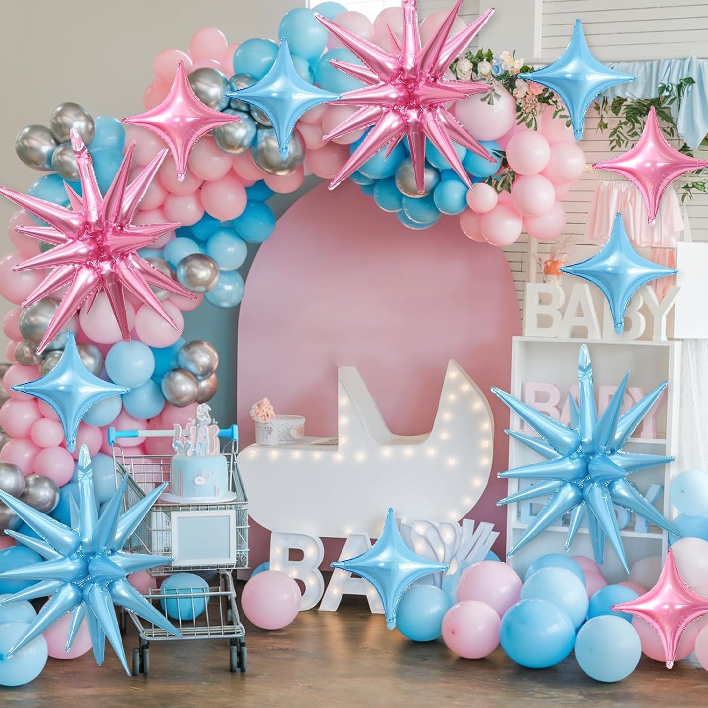 Pink Blue Star Balloon,6Pcs 22Inch Explosion Star Balloons and 10Pcs 10Inch Four Angle Balloons Kit for Gender Reveal Birthday Anniversary Baby Shower Wedding Party Decorations