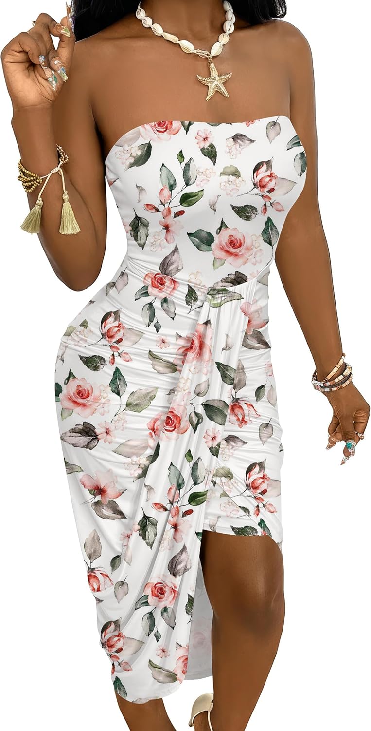 Umenlele Women's Strapless Ruched High Waist Wrap Split Asymmetrical Beach Maxi Long Dress