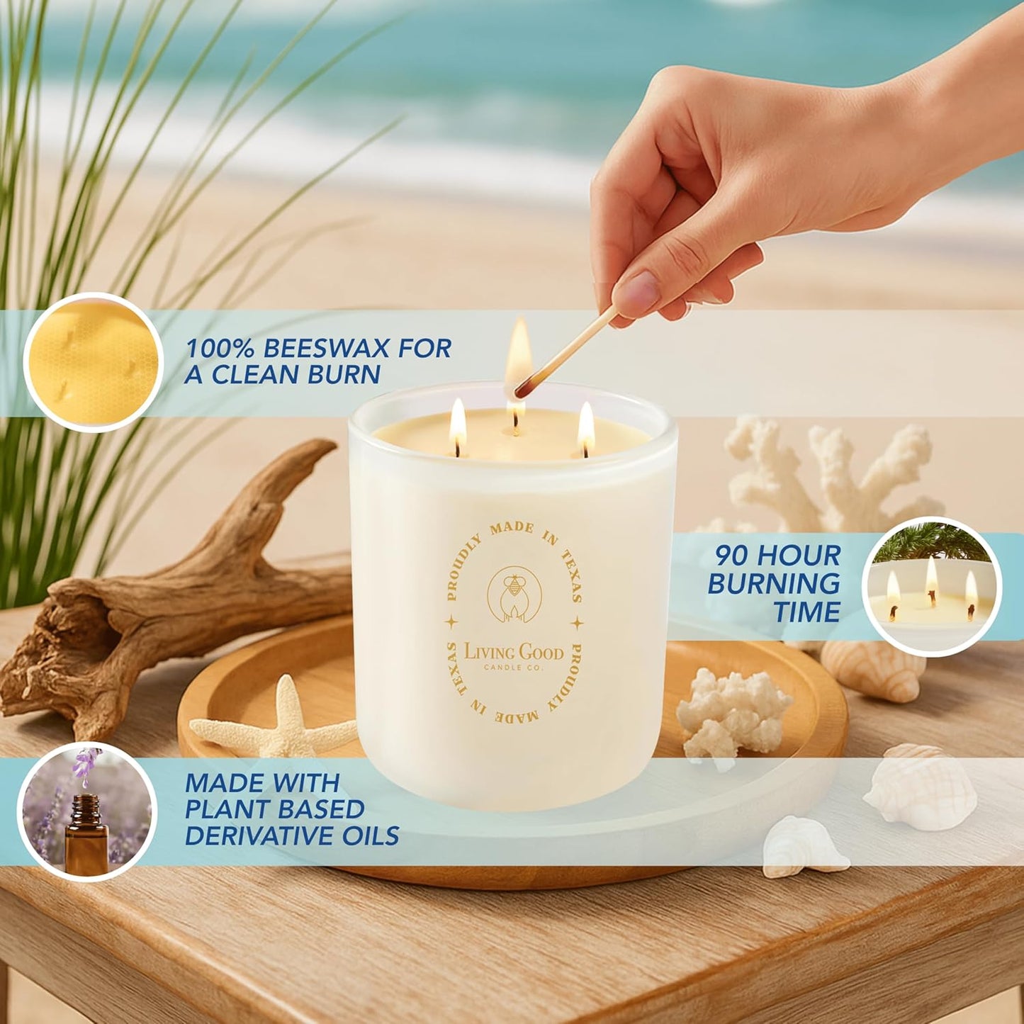 Coastal Breeze - Yuzu & Sea Salt Pure Beeswax Candle – 90+ Hours Long Burning Classically Designed Non-Toxic Scented Candles for Home Decor with Natural Fragrance 15 oz