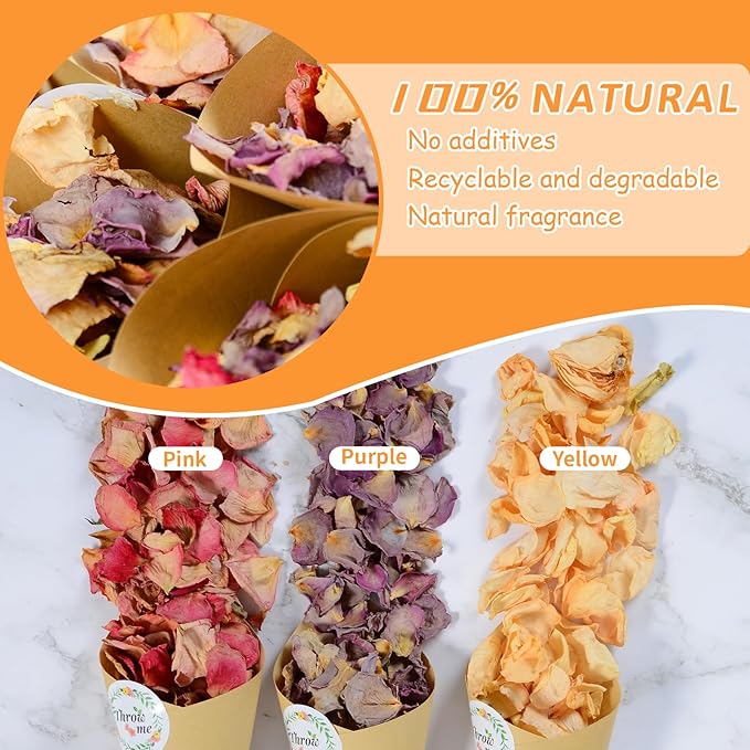 20+ Cups Dried Rose Petals Biodegradable Flower Confetti, 2 QT Mixed Yellow Purple Pink Dried Flower Petals for Wedding Proposal Bath Crafts Party 4oz(112g)