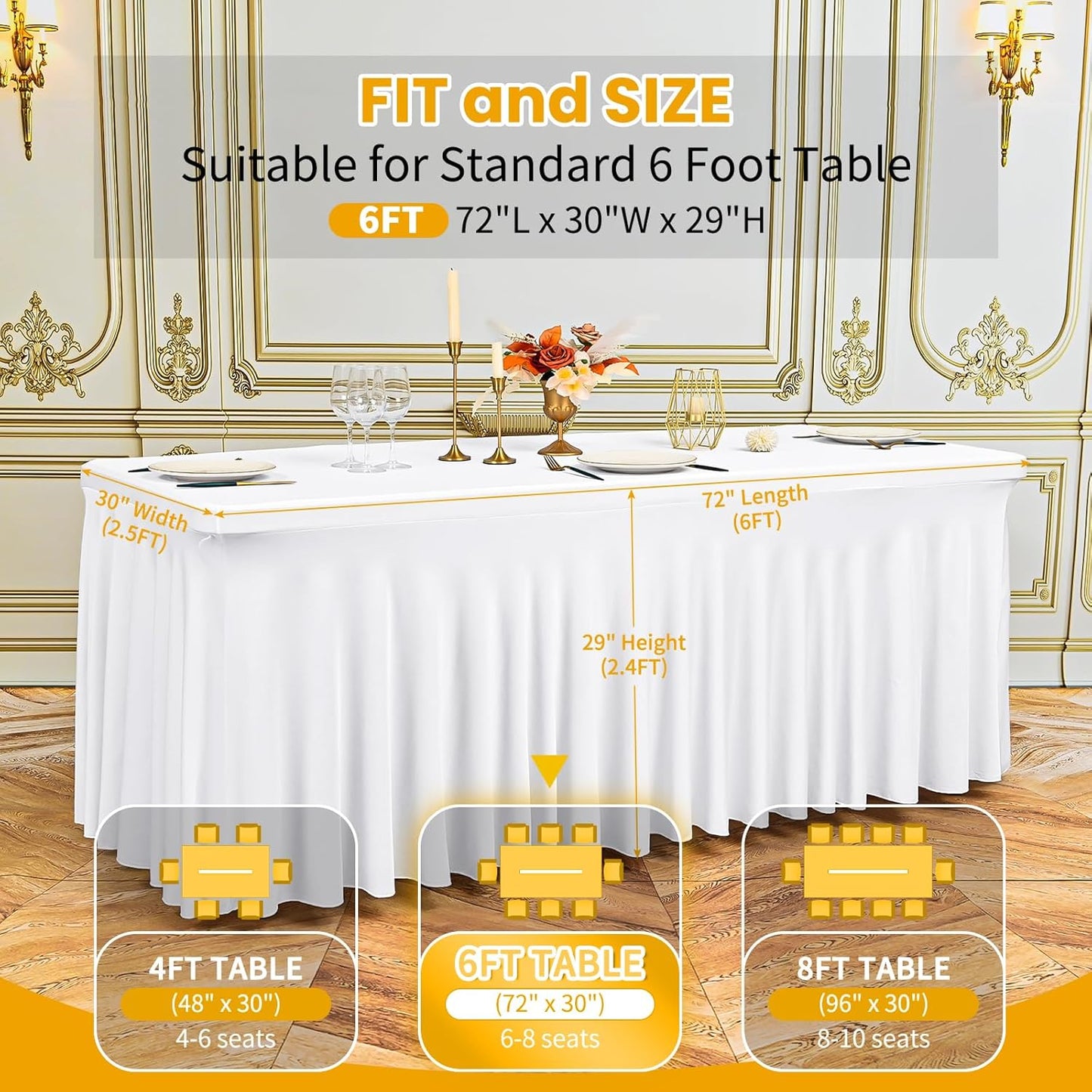 2 Pack 6Ft Spandex Table Skirts Fitted White Stretch Tablecloth, One-Piece Wrinkle-Resistant Ruffles Design Table Cover and Skirt for Wedding Party Banquet Event Trade Show