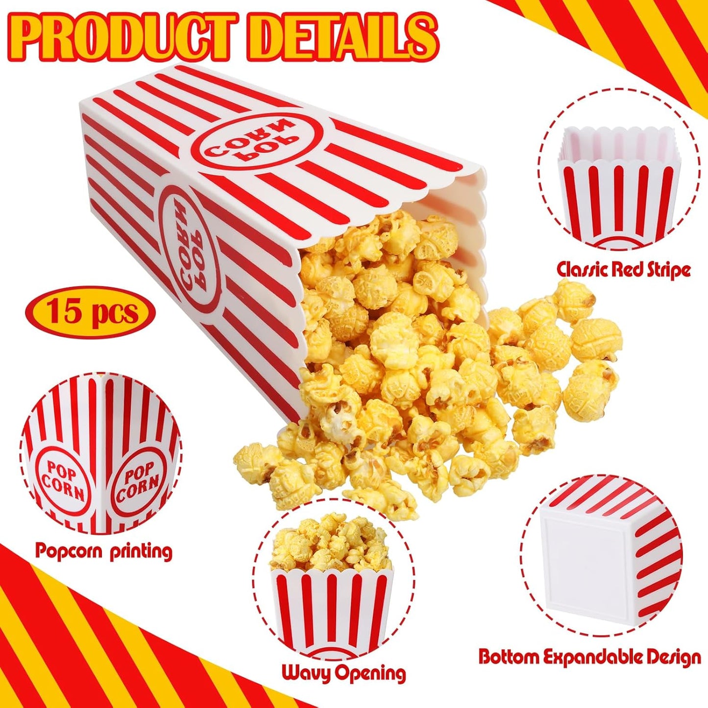 15 Pack Plastic Popcorn Boxes Red and White Striped Popcorn Buckets Bulk Reusable Open Top Containers for Movie Night, Classic Retro Style, 7.7 x 3.9 x 2.4 Inch