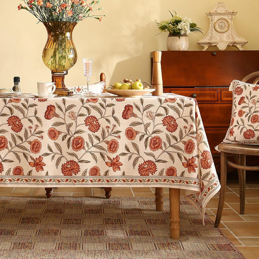 ISAENNE Designer French Rectangular Tablecloth,Linen Orange Floral Pattern Indoor Table Cloth,Wrinkle Resistant Decor Table Cloth for Dining Thanksgiving Kitchen Party,55"*87"-Alvarado D
