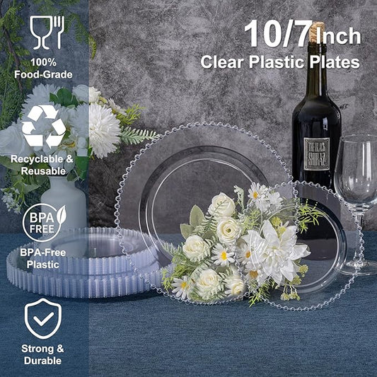 U-QE 60PCS Clear Plastic Plates - Fancy Beaded Plates Disposable Heavy Duty - Premium Hard Plastic Plate for Party, Wedding & Birthday Including 30 Dinner10 & 30 Dessert Plate 7"