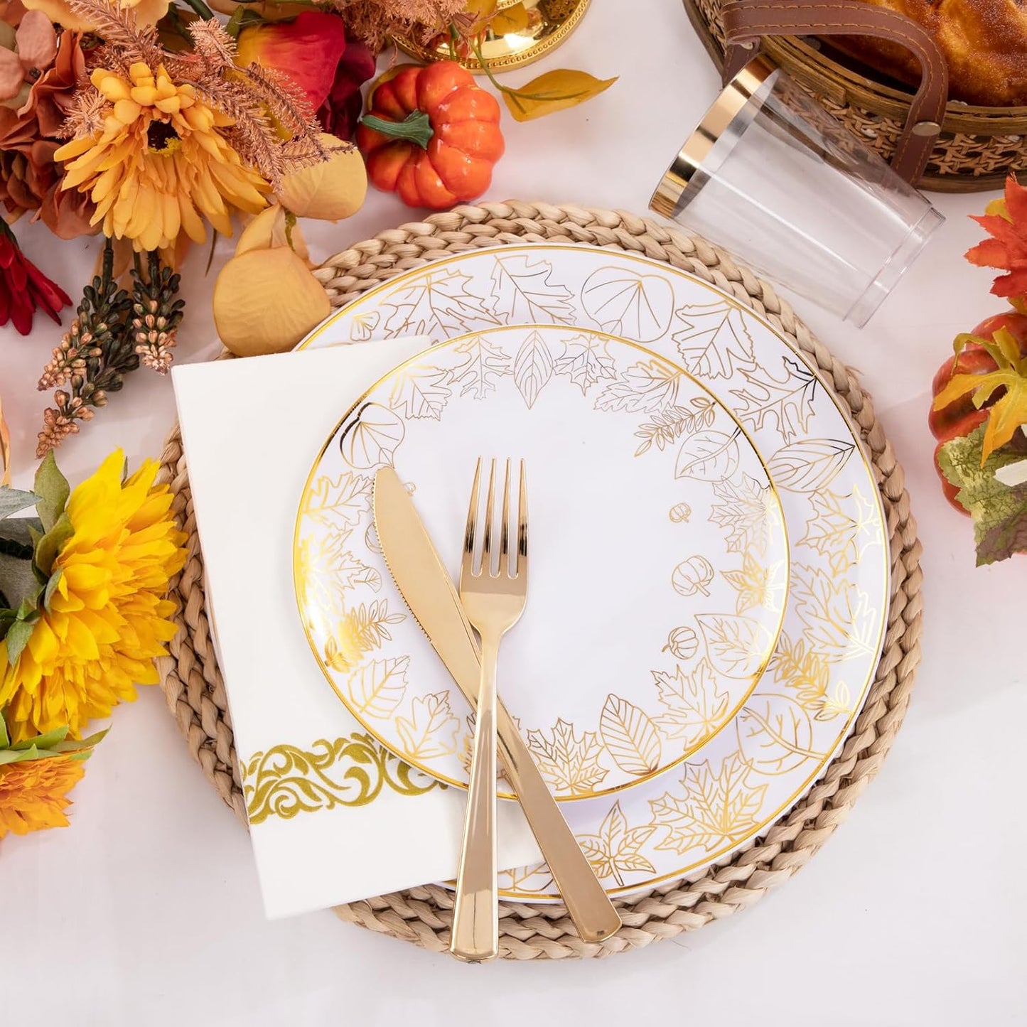 Supernal 175pcs Thanksgiving Gold Plastic Plates,Disposable Dinnerware Set,Elegant Thanksgiving Maple Leaf Design,25Gold Plastic Silverware,25Gold Disposable Cups and Gold Paper Napkins