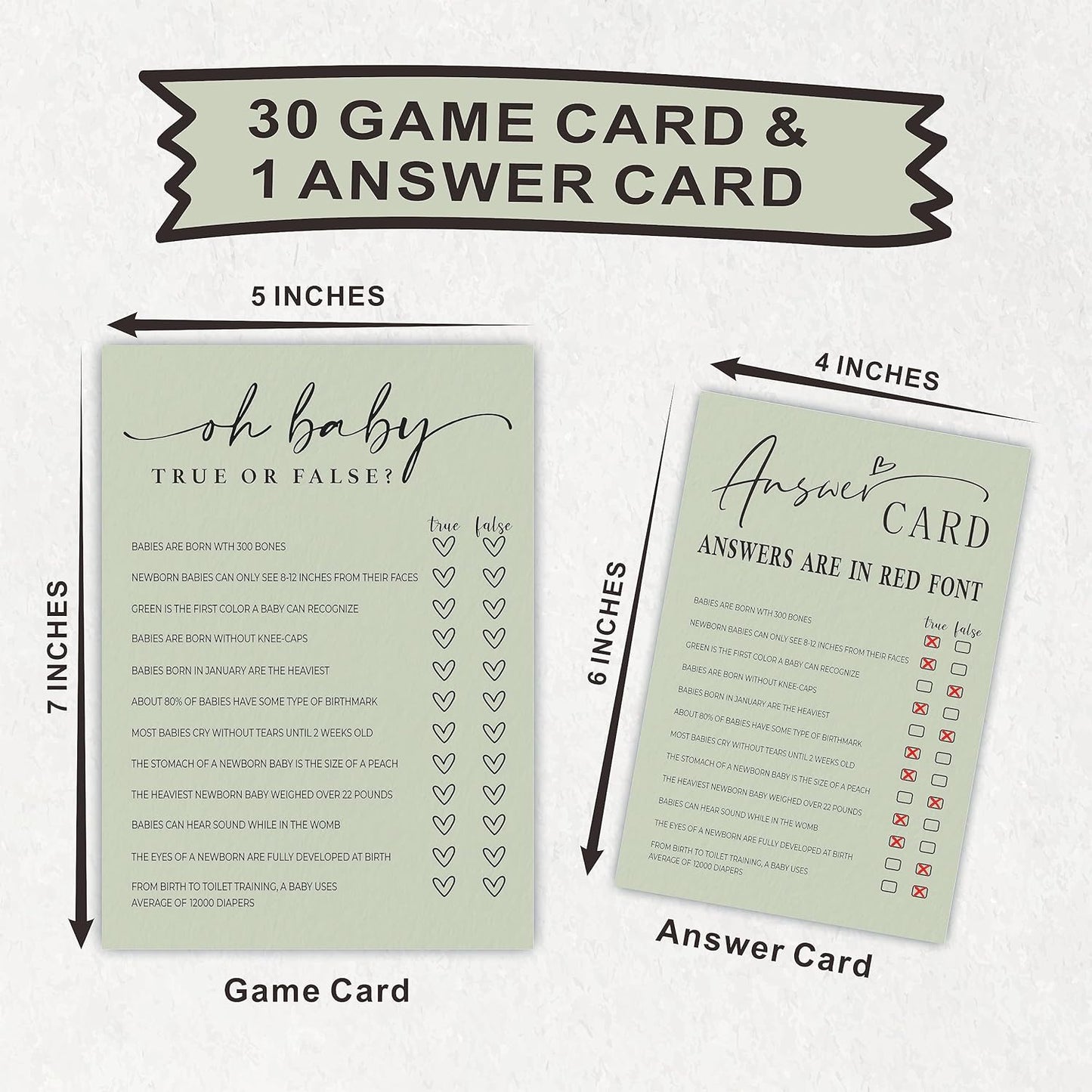 Oh Baby! True Or False Cards - Baby Shower Game & Activity - 5"X7" Moss Green Double-Sided Fill In Style Game Cards, Gender Reveal Game - Baby Shower Party Favors (Pack Of 30 & 1 Answer Card)-B05