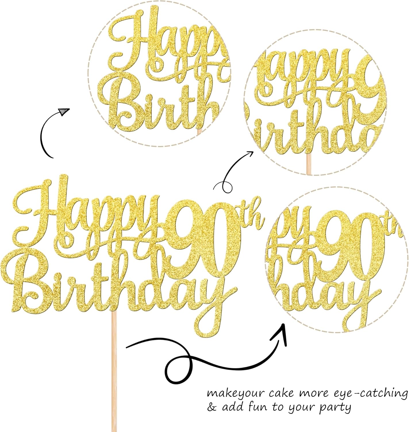 1 PCS Happy 90th Birthday Cake Topper Gold Glitter Cheers to 90 Years Birthday Cake Pick 90 Fabulous Cake Decoration for Happy 90th Birthday Theme Party Decorations Supplies