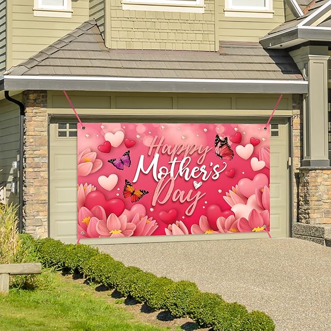 Large Happy Mother's Day Banner Decorations Mothers Day Flag Outdoor 71x44 Inch,Mom Gifts for Indoor Home House Decor Party Supplies,Yard Sign Background for Photography, Red Pink Heart Flowers