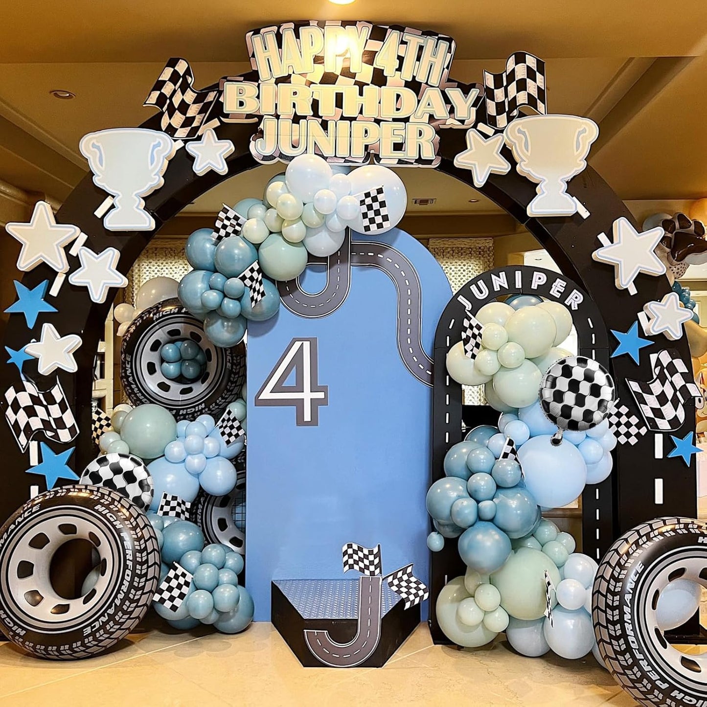 Race Car Balloons Garland Arch Kit, Dusty Blue Balloons Green Black Balloon Pale Blue Metallic Silver Balloon Arch Kit with Checkered Foil Balloon for Car Fast Birthday Baby Shower Party Decorations