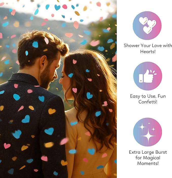 Gender Reveal Gold Heart Shaped Confetti Cannons | 6 Pack | 3 Blue and 3 Pink with Gold Accents | Decoration for Gender Reveal Parties, Baby Showers | Launches 25 ft | 12 inch | TUR Party Supplies