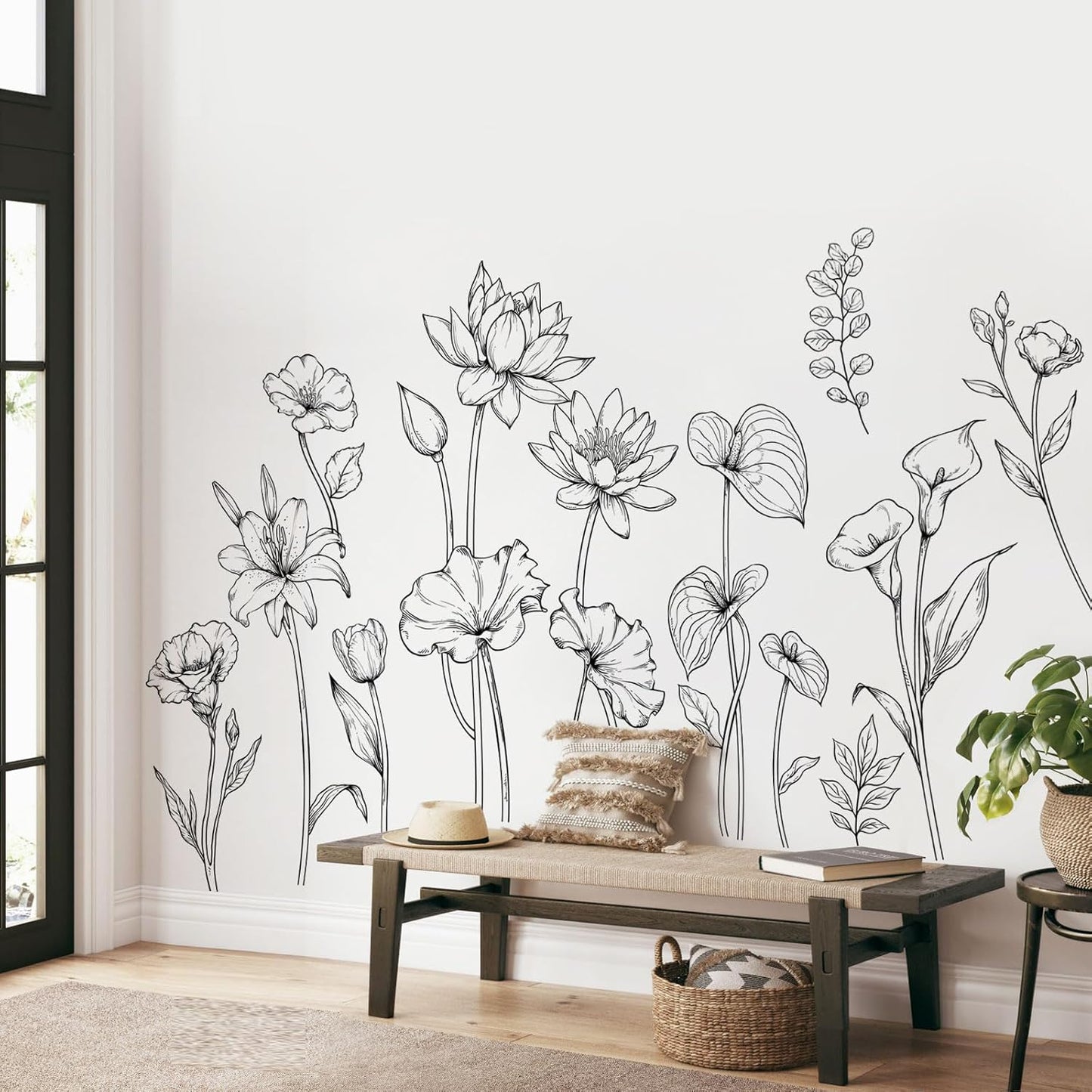 Large Black and White Flower Wall Decals Simple Modern Minimalist Garden Flower Wall Stickers Peel and Stick Floral Wall Art Decor for Girls Bedroom Living Room Office Adult Home Decor Gift for Mom