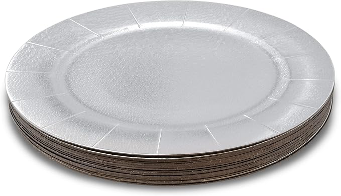 Gift Boutique 24 Pcs Silver Round Disposable Charger Plates 13" Heavy Duty Dinner Serving Tray Paper Cardboard Platters for Table Setting Place Mats