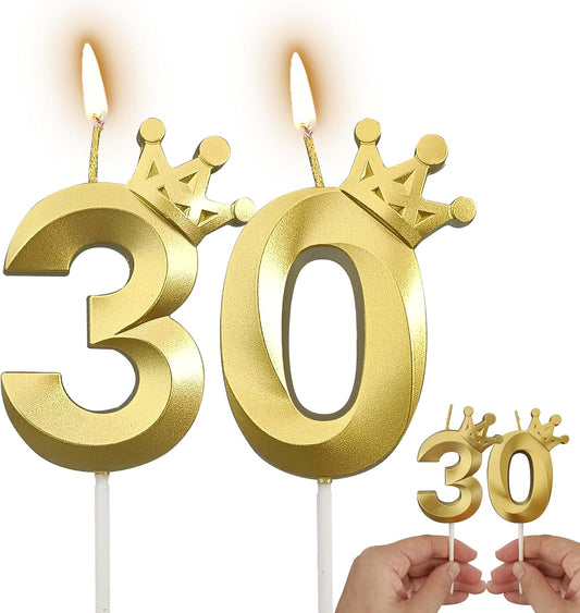 The Number 30 Gold Birthday Candles for Cake is Beautiful Number Candles for 30th Birthday Decorations for Man and Women (Gold-30, Crown)