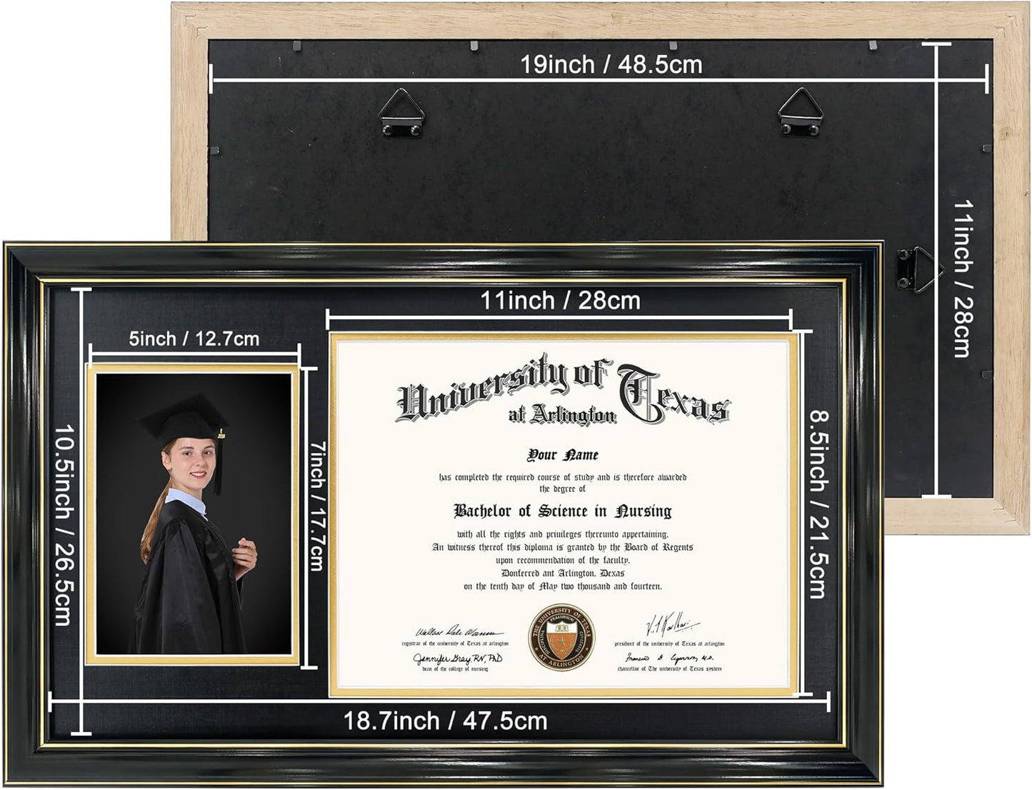 GraduationMall 11x19 Black Diploma and Photo Frame for 8.5x11 Certificate,5x7 Picture,Tempered Glass,Black over Gold Double Mat