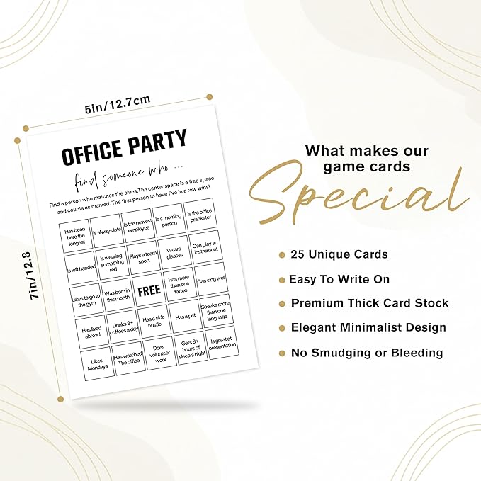 Sahjzk Office Bingo Cards, 25 Unique Randomized 5x7 Sheets, Get to Know You Bingo Game for Adults, Ice Breaker Office Party Games, Team Building Games for Work, High Replay Value - B005