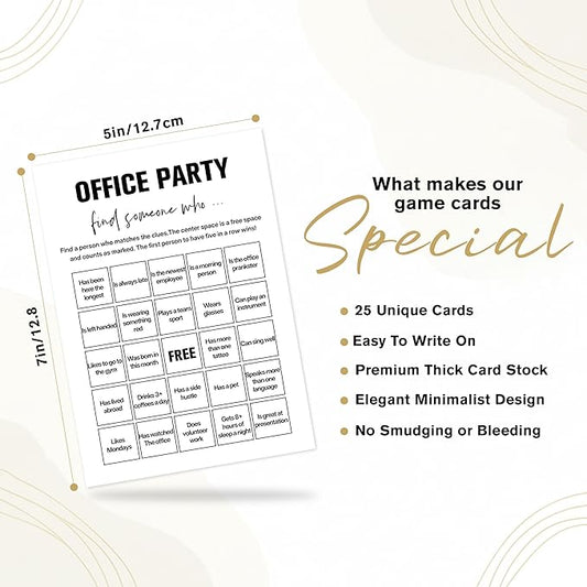 Sahjzk Office Bingo Cards, 25 Unique Randomized 5x7 Sheets, Get to Know You Bingo Game for Adults, Ice Breaker Office Party Games, Team Building Games for Work, High Replay Value - B005