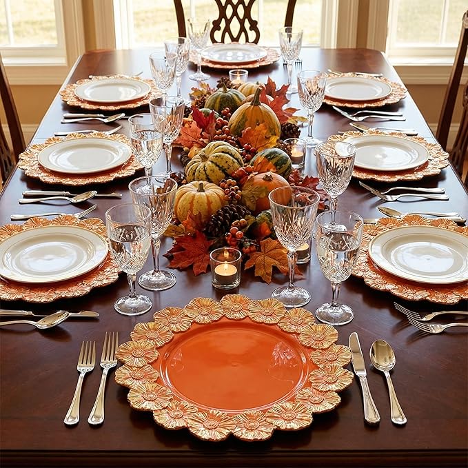Orange Charger Plates with Flower Rim, 13" Round Charger for Dinner Plates, Set of 6 Plastic Plate Chargers for Halloween, Thanksgivng, Christmas.