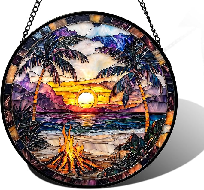 Stained Glass Window Hanging,Bonfire Beach Landscape Suncatcher Diamond Glass Panel Sun Catchers Decor for Birthday for Women, Men, Wife, Aunt, and Mom 9.8 in