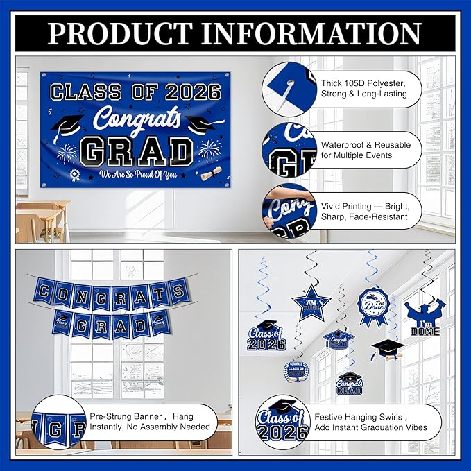 Graduation Decorations Class of 2026 Blue Party Decor Set include Congrats Grad Banner Graduation Backdrop Class of 2026 Balloons Party Supplies
