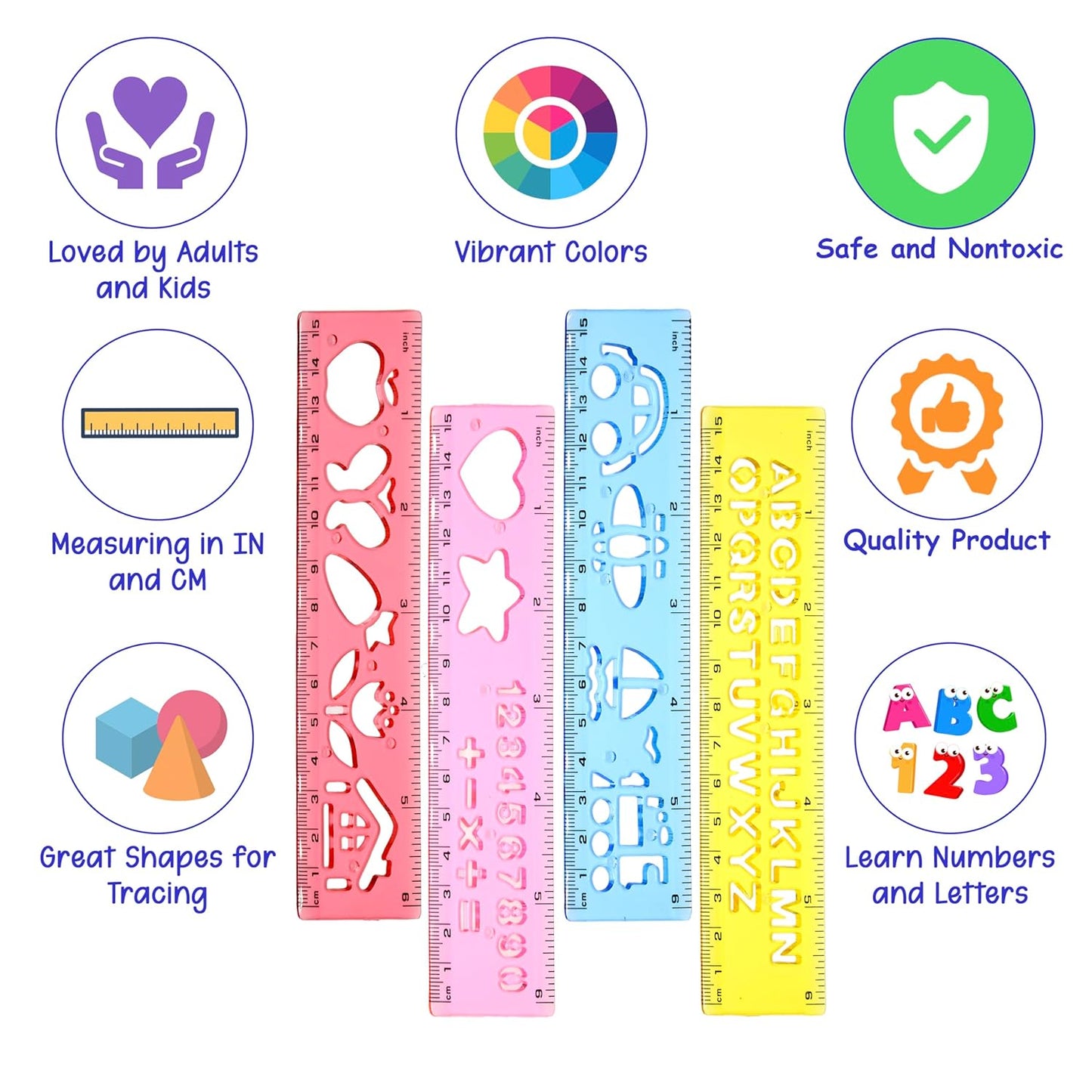 Color Swell Stencil Ruler 4 Pack - Fun Template Stencil Plastic Measuring Rulers - School Rulers for Drawing and School Supplies