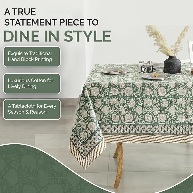 Labhanshi Indian Handblock Print Pre-Washed Cotton Floral Table Cloth|Reusable Rectangle 72x108 Inch 8-Seater Dining Tablecloth|Spring Easter St.Patrick Festive Decorative Table Cover|Moss Green