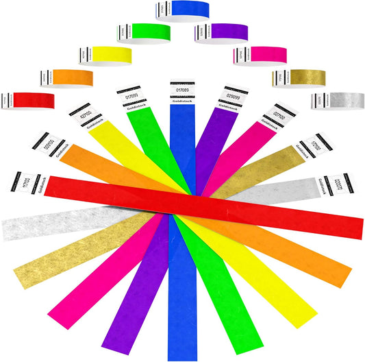 Event Wristbands Super Variety Pack 900 Count | ¾” Arm Bands | Green, Blue, Red, Orange, Yellow, Pink, Purple, Gold, Silver | Paper-Like Party Armbands