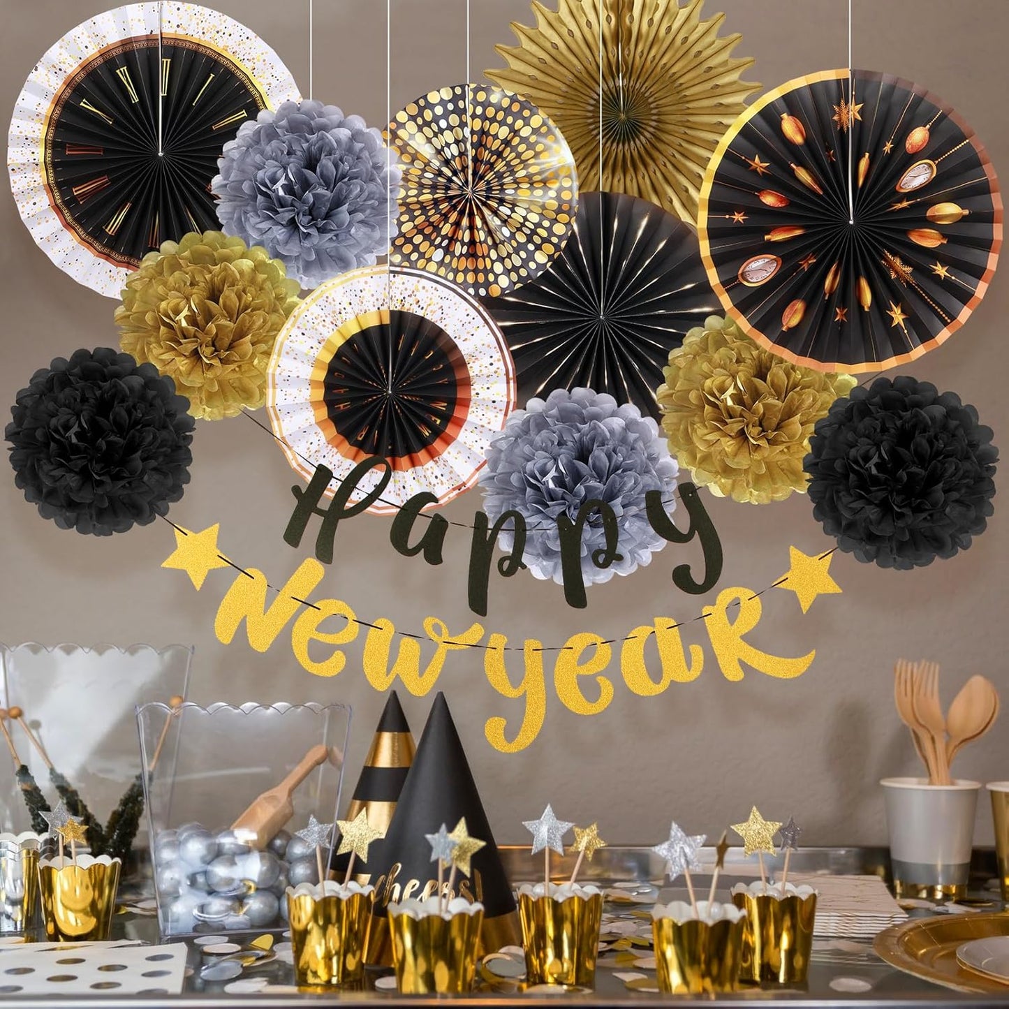 SUNBEAUTY Birthday Party Decorations Gold Black Hanging Paper Fans Tissue Pom Poms Happy New Year Banner, Eve Party Supplies for 2025