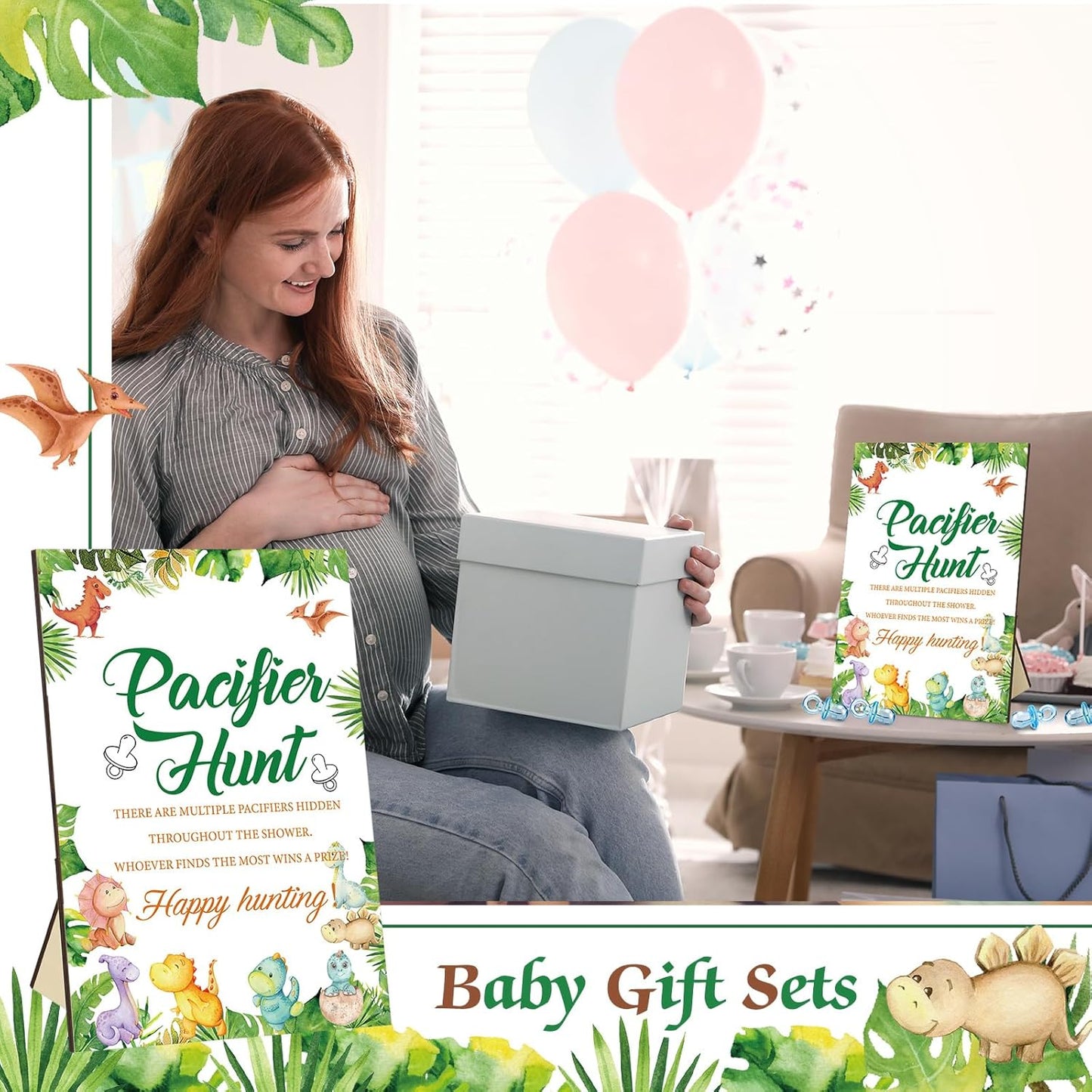 Thyle 51 Pcs Pacifier Hunt Baby Shower Games Include Hunt Sign and 50 Acrylic Pacifiers for Baby Shower Game Decoration Gift Sets Gender Reveal Party Decor(Dinosaur)