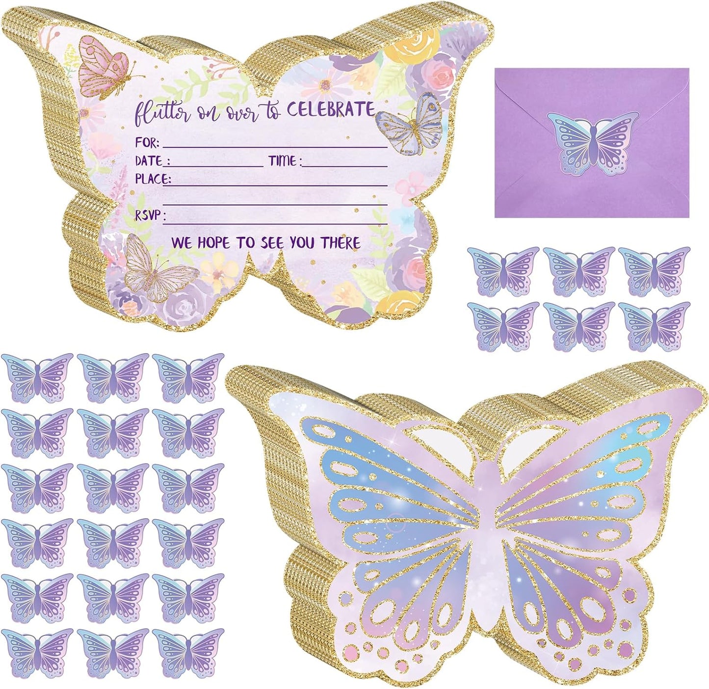 Hotop 24 Sets Butterfly Birthday Invitations with Envelopes and Stickers FOR GIRLS Party Invitations for Kids Birthday Baby Shower Party