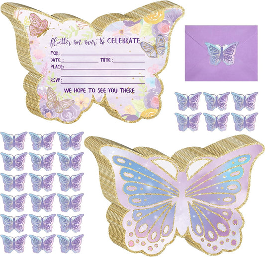 Hotop 24 Sets Butterfly Birthday Invitations with Envelopes and Stickers FOR GIRLS Party Invitations for Kids Birthday Baby Shower Party
