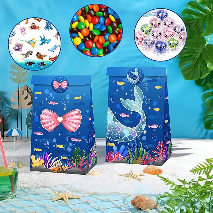 Inshinern Ocean Animals Party Favors Under The Sea Goodie Treat Gift Bag with Stickers Jellyfish Shark Coral Oneder The Sea Party Decorations Mermaid Themed Candy Bags for Kids Birthday Baby Shower