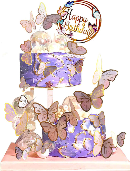Colorful Butterfly Cake Decorations Set - 1 Large Happy Birthday Cake Topper & 20 Bronzing Striped Purple-Pink Butterfly Cupcake Toppers - Perfect for Girls Women Birthday Celebration