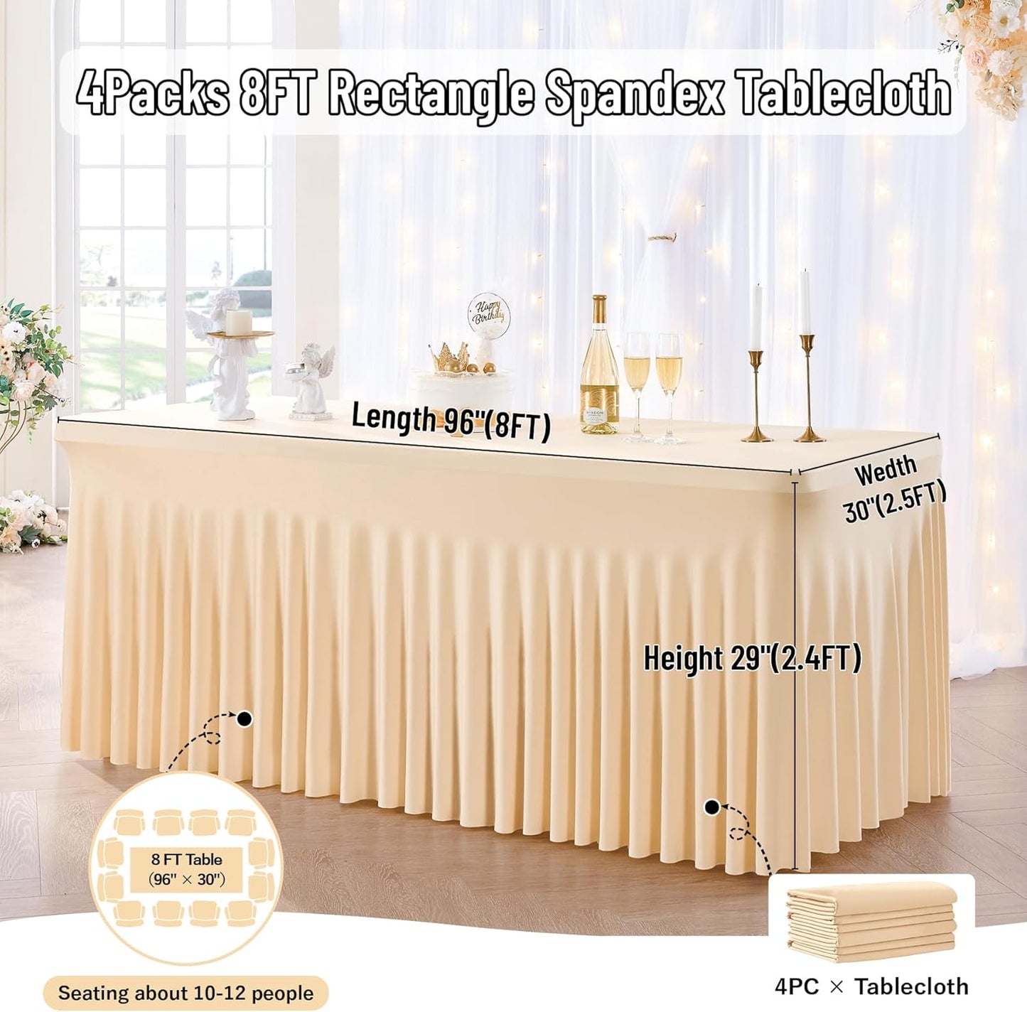 leegleri 4 Pack Champagne Spandex Tablecloths for 8 Foot Rectangle Tables, Wrinkle Free Fitted Table Cloths 8ft Stretchy Table Cloth Cover with Skirt for Parties Weddings Birthday Banquet Baby Shower