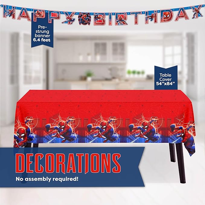 Spiderman Birthday Decorations | Spiderman Party Supplies | Serves 16 Guests | Marvel Superhero Spidey and His Amazing Friends | Table Cover, Spider Man Banner, Plates, Napkins, Masks and Button |