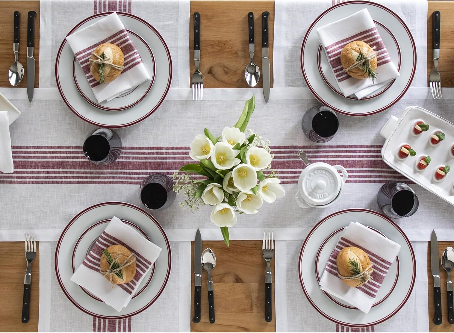 Solino Home Linen Table Runner 108 Inches Long - 100% Pure Linen Burgundy and White Farmhouse Table Runner 14 x 108 Inch for Dining, Fall, Autumn, Thanksgiving, Christmas