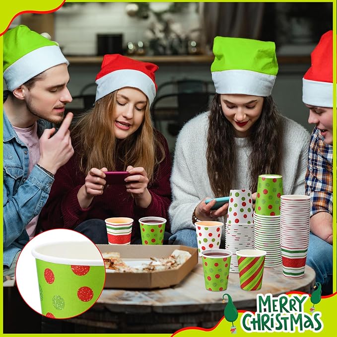Funtery 100 Pieces Christmas Paper Cups Xmas Disposable Coffee Cups Red and Green Polka Dot Striped Christmas Cup Christmas Cups 9 oz Drinking Tea Paper Cups Christmas Cups for Daily Use Holiday Party