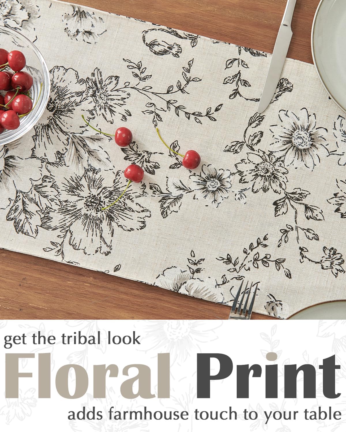 jinchan Floral Linen Table Runner for Kitchen Farmhouse Table Cloth with Black Flower Print 13 x 70 Inch Beige Linen Blend Cloth for Kitchen Dining Table Indoor Outdoor Decor 1 Panel