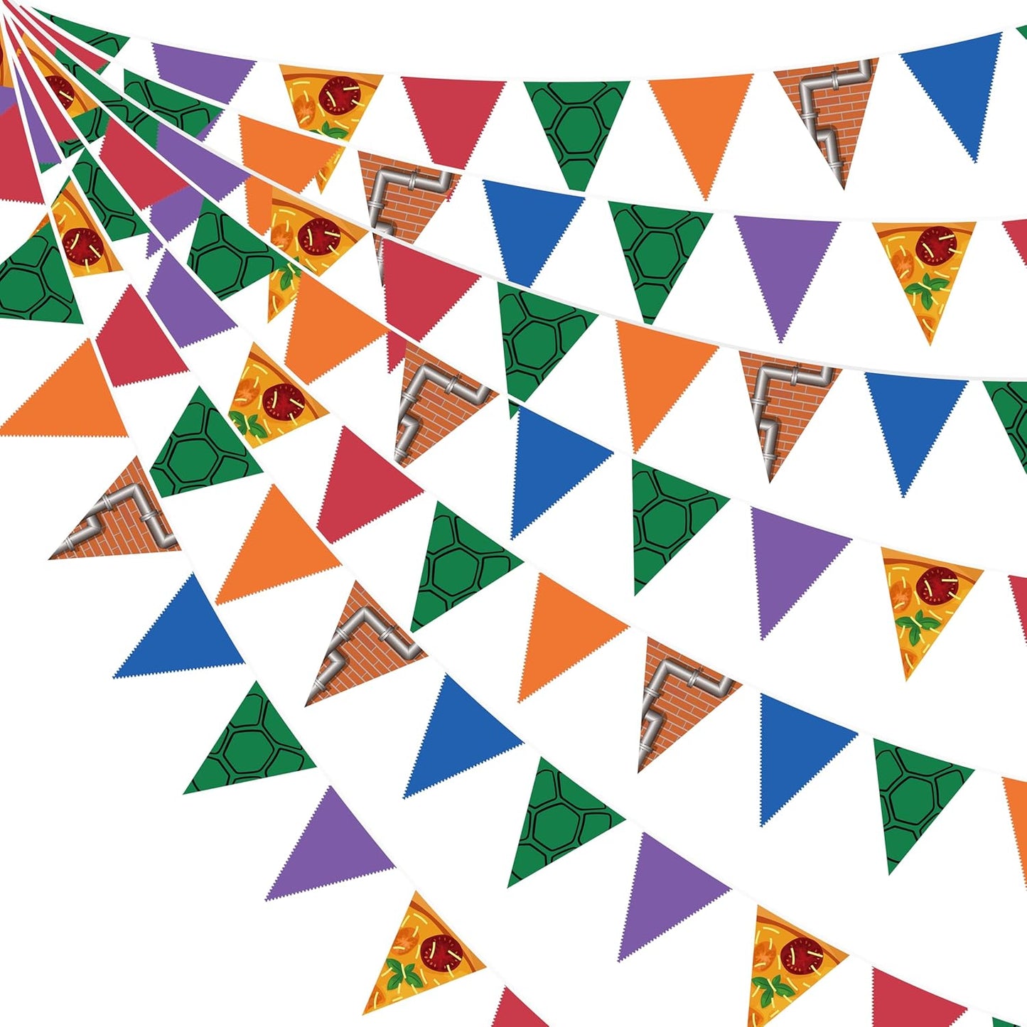 32Ft Cartoon Turtle Party Decorations Pizza and Brick Wall Triangle Flag Pennant Banner Fabric Garland Streamer for Kids Boys Superhero Birthday Turtle Baby Shower Video Games Party Decor Supplies