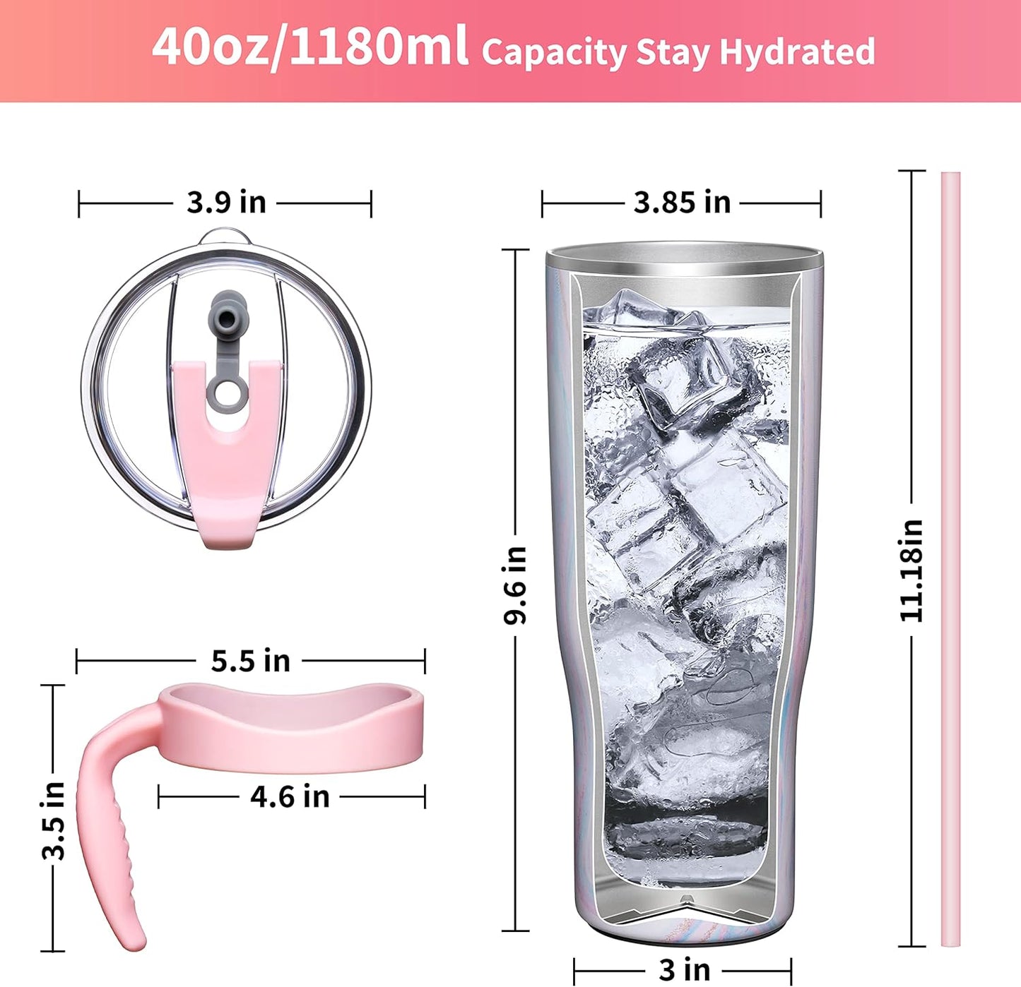 THILY Stainless Steel Vacuum Insulated Tumbler 40 oz Coffee Travel Mug with Handle and Lid, Sweat Proof, Keep Drinks Cold for 34 Hours or Hot for 12 Hours, Pink Ripple