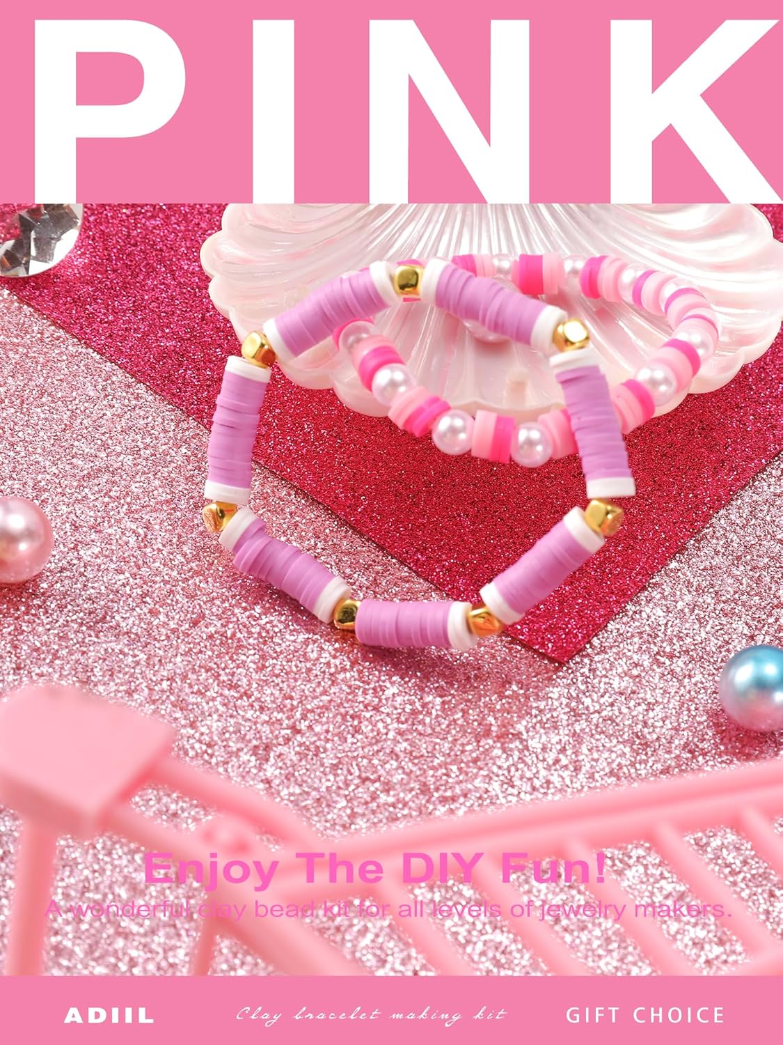 ADIIL 7200pcs Clay Beads Bracelet Making Kit, 6mm Polymer Heishi Beads for Jewelry Making, Friendship Bracelet Kit Birthday Gift for Adults Hot Pink