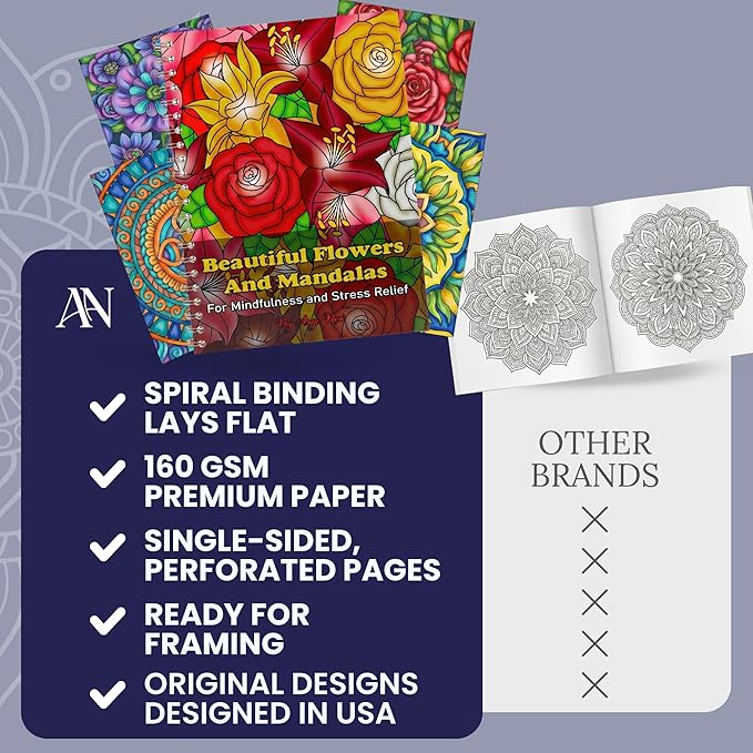 Adult Coloring Book for Women – 40 Mandala and Flowers Designs - Adult Coloring Book Spiral Bound for Adults Relaxation, Stress Relief Gift Set