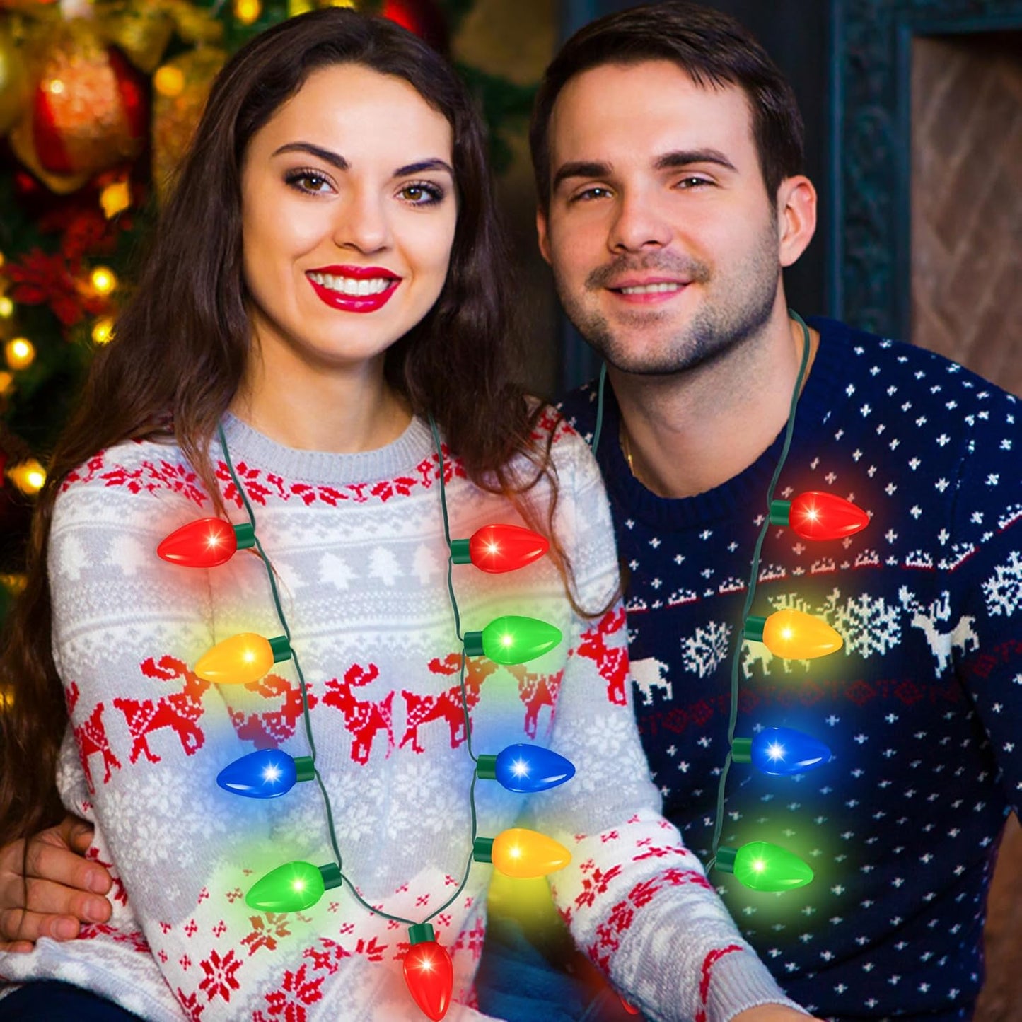 QZYL 50 Pack Christmas Necklace, Colorful Xmas Light Bulb Necklaces Bulk, 40 in 9 LED Bulbs Christmas Necklace for Women with 3 Flash Modes, Suitable for New Year Party Favor Accessories Supplies