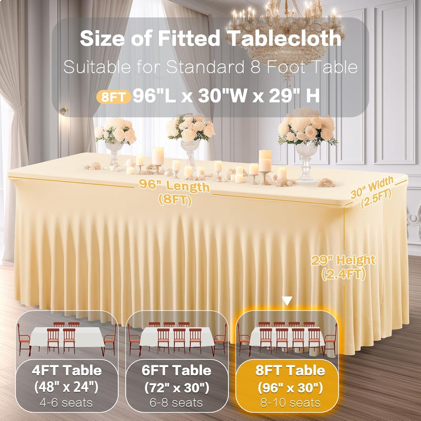 2 Packs Champagne Spandex Table Clothes for 8 Foot Rectangle Table, Spandex Table Covers 8FT Stretch Table Skirts Rectangle Tables Wrinkle Free Fitted Table Cover for Event, Wedding, Banquet & Parties