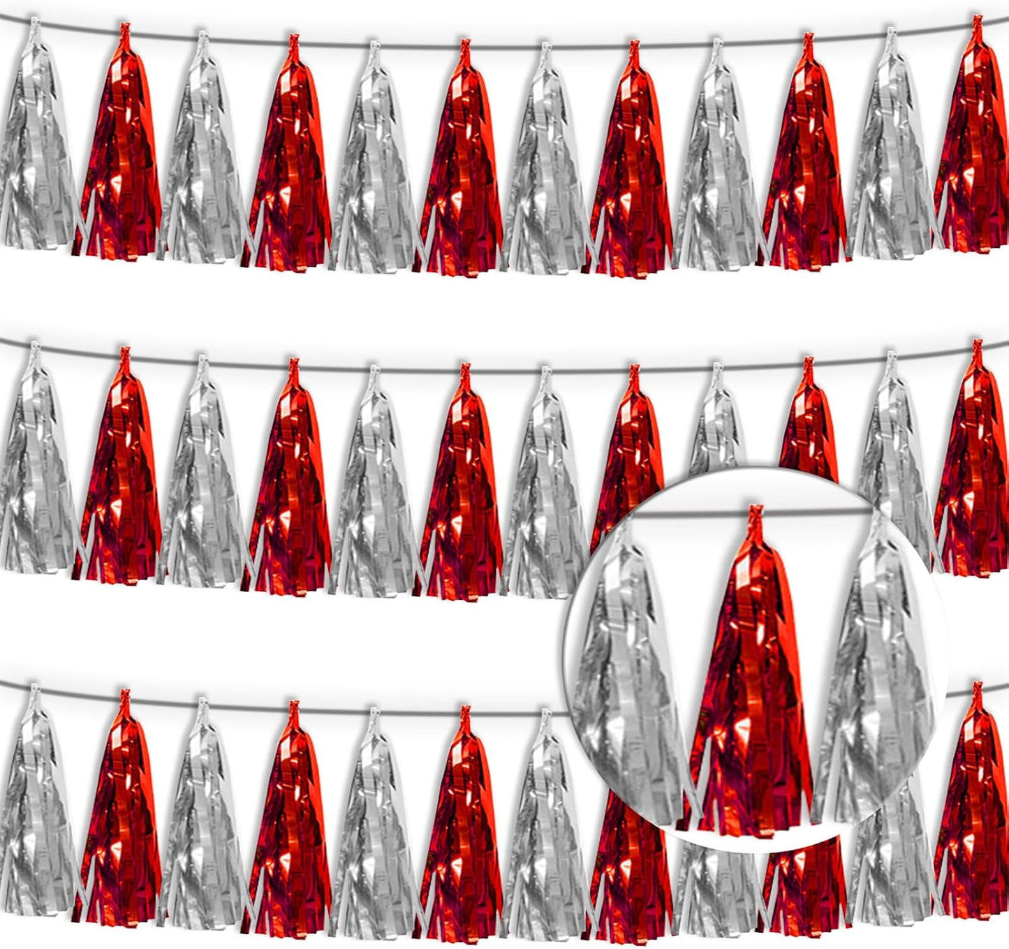 3P Red Silver Tassel Banner Garland Metallic Foil Fringe Banner Tinsel Tassels Streamer Banner Backdrop for Parade Floats, 2025 Graduation Decorations, Father's Day, Wedding Party Decoration