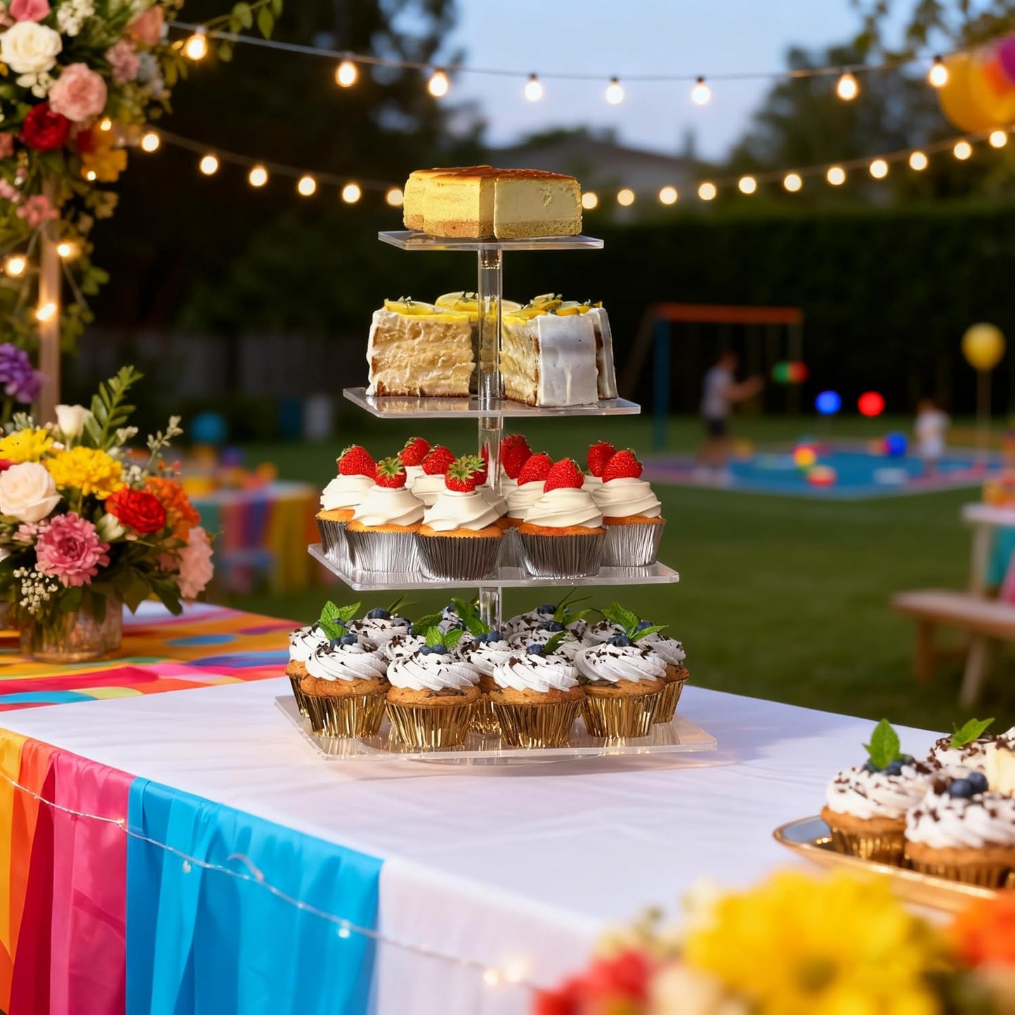 4-Tier Rotating Cupcake Stand, Clear Acrylic 360° Spinning Dessert Display Tower for Cakes & Pastries, Serving Stand for Weddings, Birthdays, Parties - Square