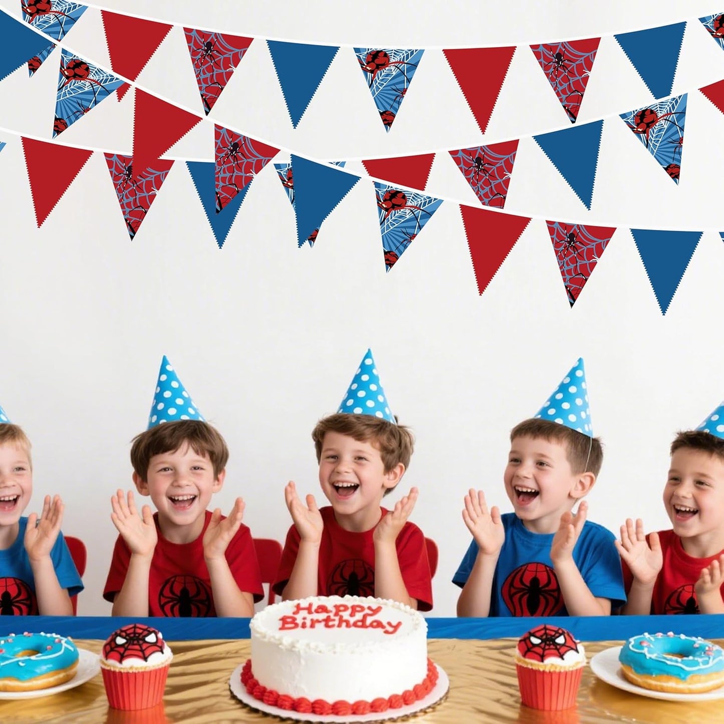 32Ft Spider Party Decorations Red Blue Spider Web Triangle Flag Pennant Banner Fabric Garland Streamer for Kids Boys Cartoon Super Heros Movie Birthday Superhero Baby Shower Party Decor Supplies