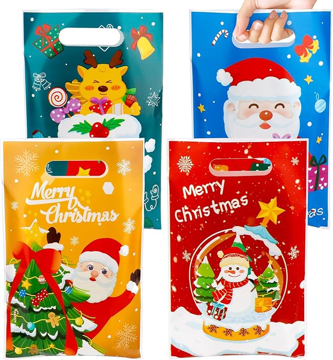 100 PCS Christmas Treat Bags with Handles, Christmas Goodie Bags, Xmas Gift Bag, Plastic Snowman Santa Claus Candy Goody Cookie Snack Bag Holiday Party Favor Bag for Xmas Winter Party Favor Supplies