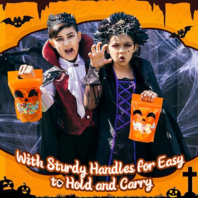 Blosssound 50 Pcs Halloween Plastic Bags Trick or Treat Sealed Bags with Handles Pumpkin Favor Pouches for Home Trick or Treat Party Candy Guests Gift Wrapping Supplies Decor (Halloween)