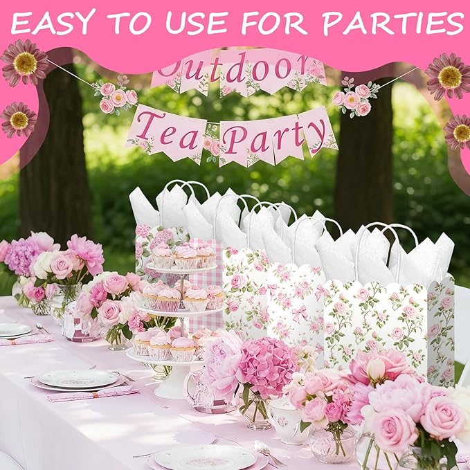 Kolldenn 24 Pcs Hydrangea Floral Party Gift Bags with Handles Paper Candy Treat Goodie Bags Scalloped for Birthday Decoration for Bridal Baby Shower Tea Party Supplies